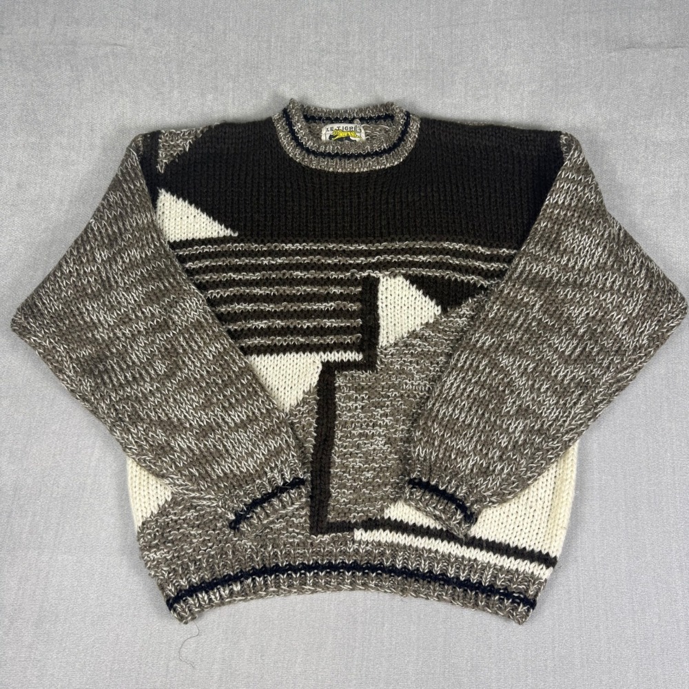 Vintage Le Tigre Mens Large Geometric Abstract Knit Crewneck Sweater Brown Grey